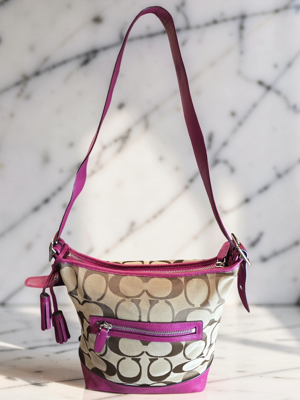Coach Signature Duffle Hobo Bag Fuchsia Pink Trim